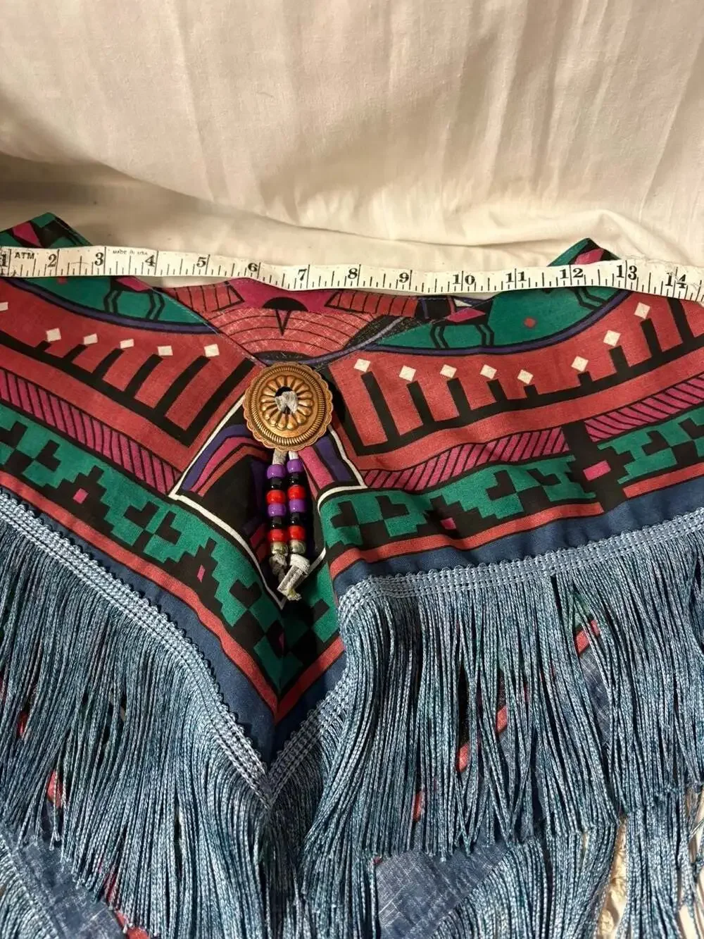 Vintage 1980s Sarah's Stuff Southwest Tribal Print Fringed Shawl